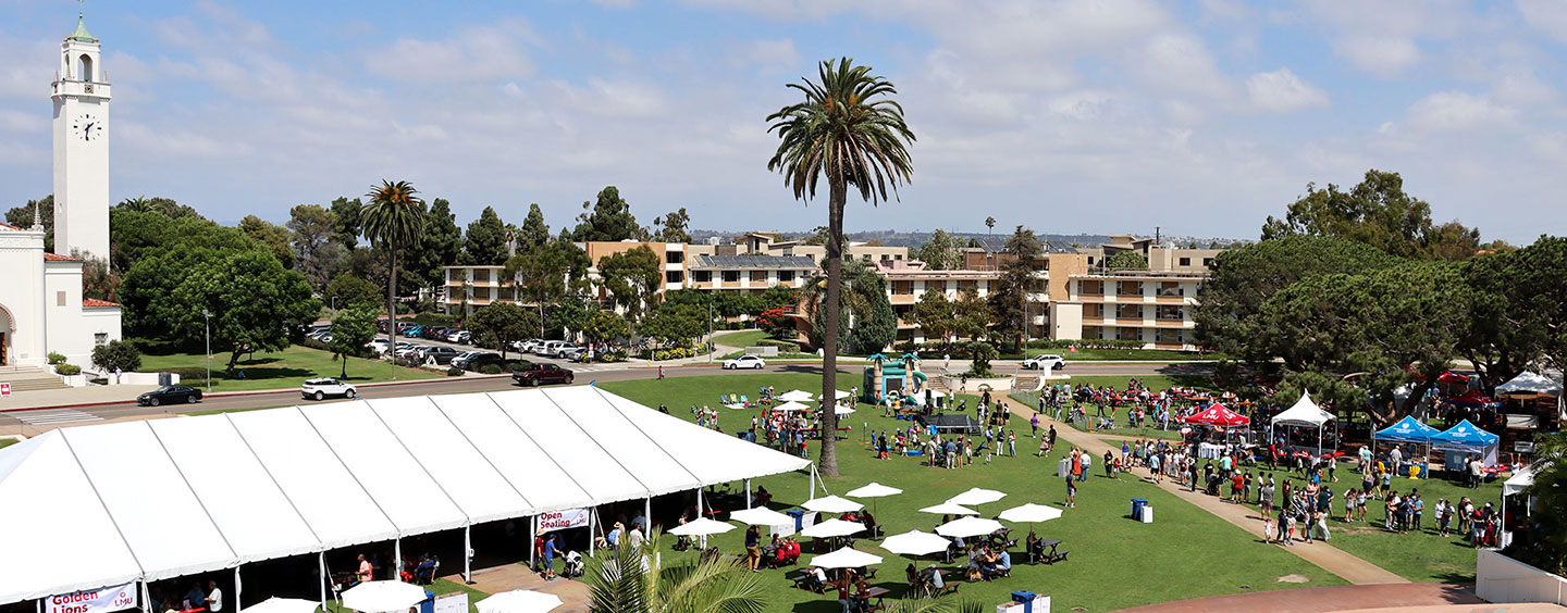 Aerial view of Alumni Barbecue taking place in Sunken Garden